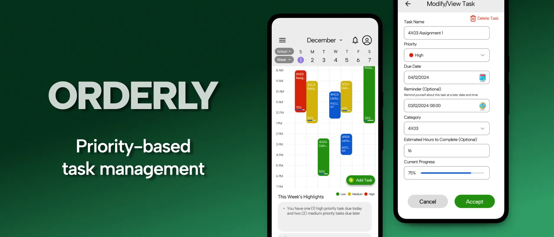 Orderly's task list with priority colors