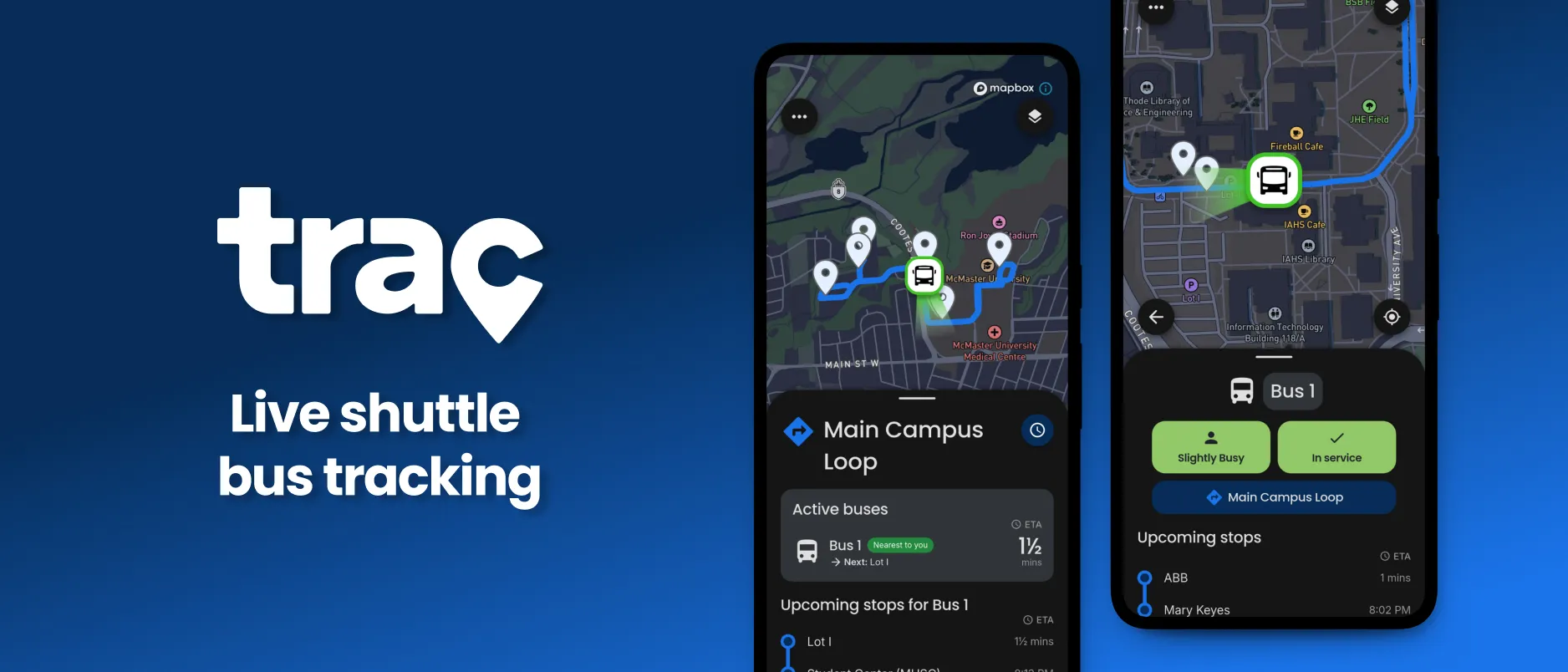 Trac Commuter's live map, showing shuttles and stop arrival times