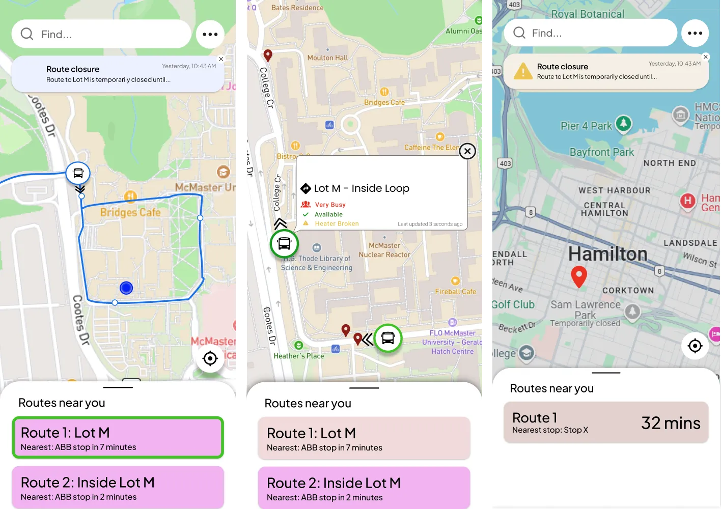 Low-fidelity prototypes of the commuter app