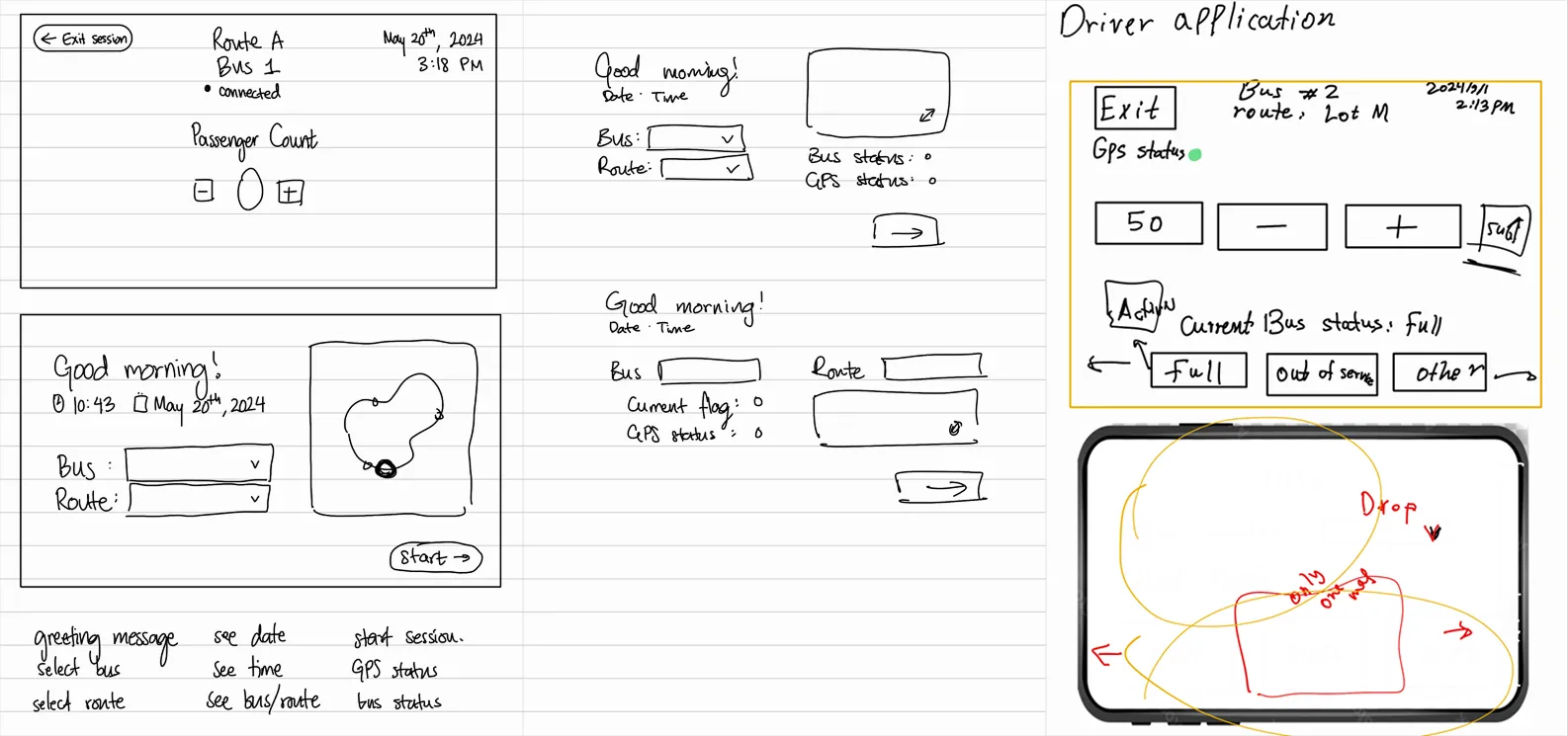Paper prototypes of the driver app